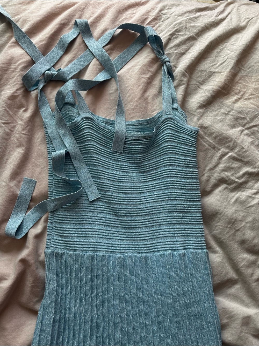 Endless Rose Blue Pleated Knit Maxi Dress Tie Strap Size M - Picture 9 of 11